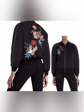 Sandro Black Bomber Jacket with Multicolor Embroidery
